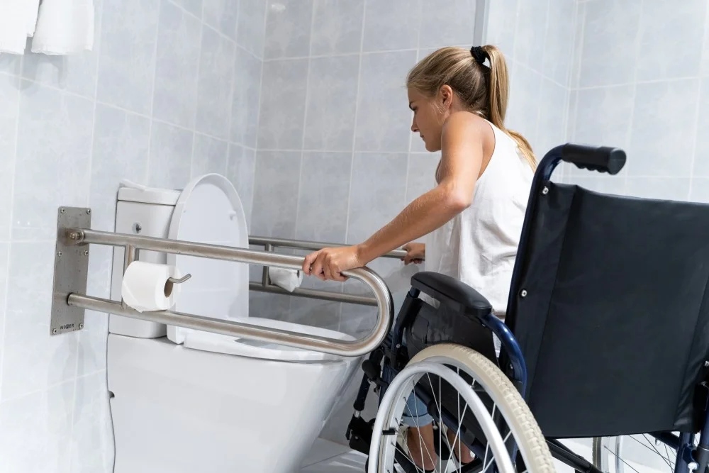 Person im Rollstuhl nutzt Haltegriffe in einem barrierefreien Badezimmer.